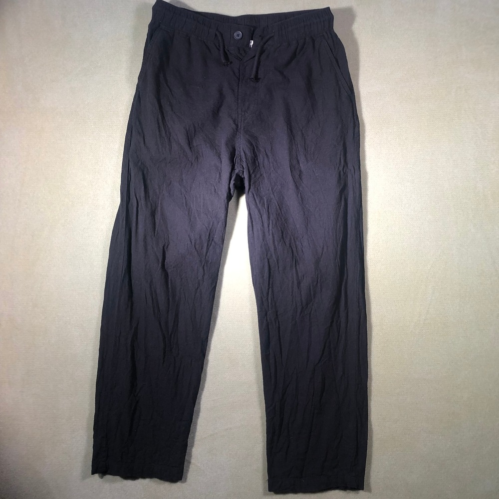 H&M Linen Blend Trousers Size 14 Black Drawstring Straight Leg Pants